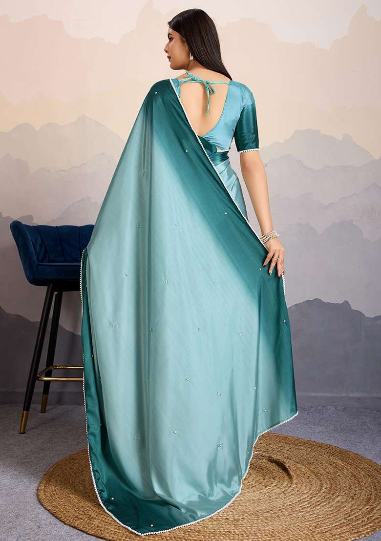 Sea Green Beads Satin Saree Set - Indya