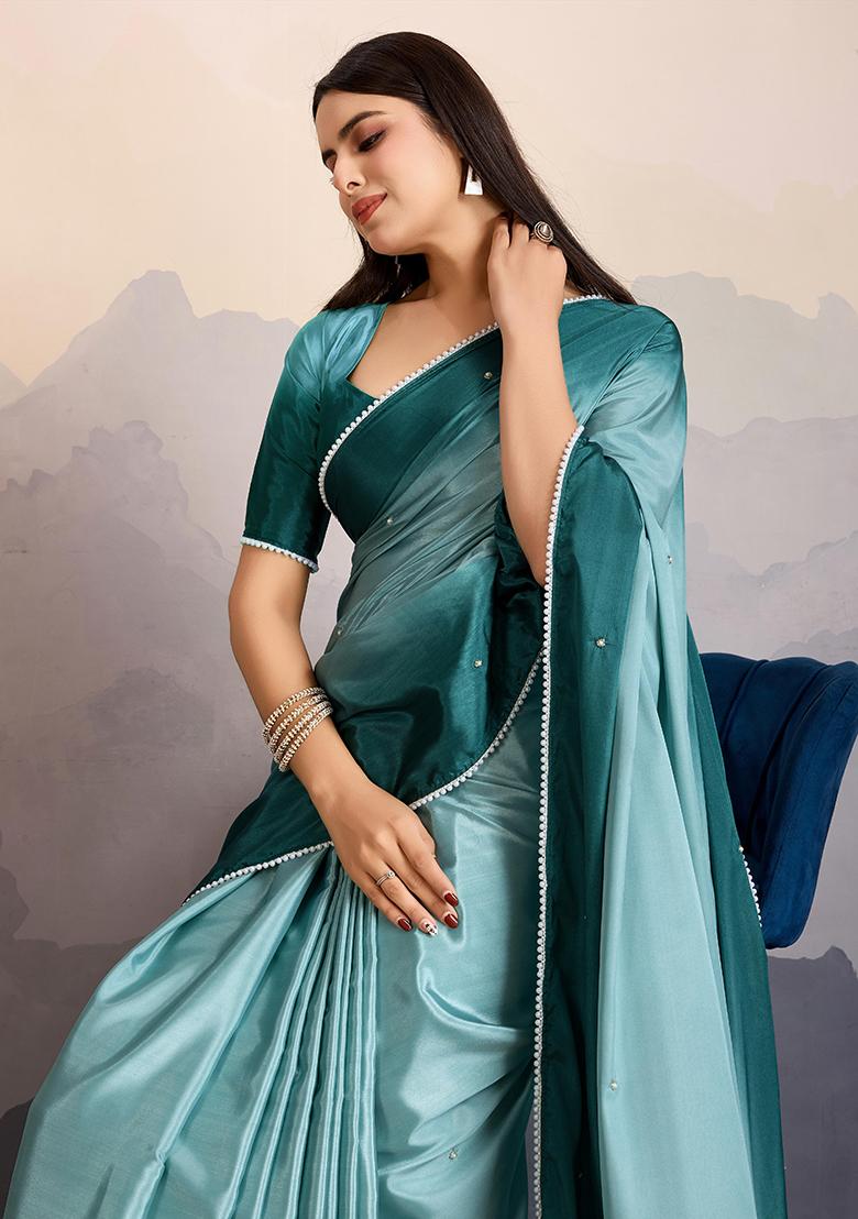 Sea Green Beads Satin Saree Set