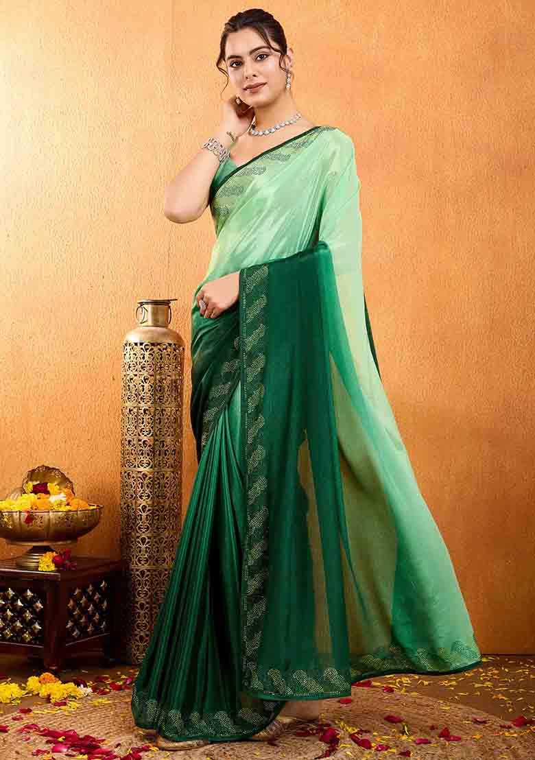 Green Swarovski Zircon Work Chiffon Saree Set