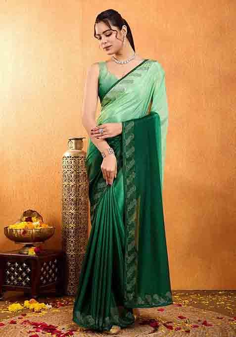 Green Swarovski Zircon Work Chiffon Saree Set