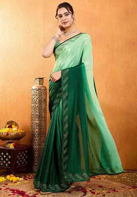 Green Swarovski Zircon Work Chiffon Saree Set