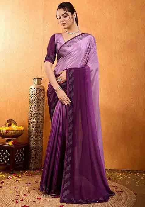 Purple Swarovski Zircon Work Chiffon Saree Set