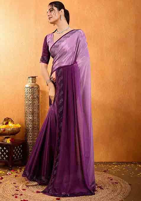 Purple Swarovski Zircon Work Chiffon Saree Set