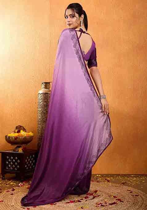 Purple Swarovski Zircon Work Chiffon Saree Set
