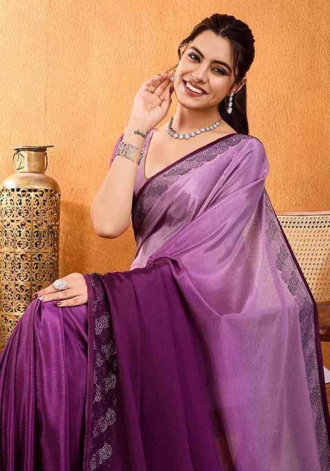 Purple Swarovski Zircon Work Chiffon Saree Set