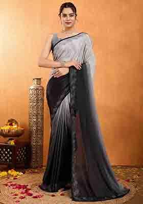 Grey Swarovski Zircon Work Chiffon Saree Set