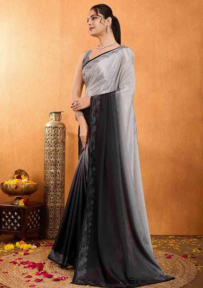 Grey Swarovski Zircon Work Chiffon Saree Set