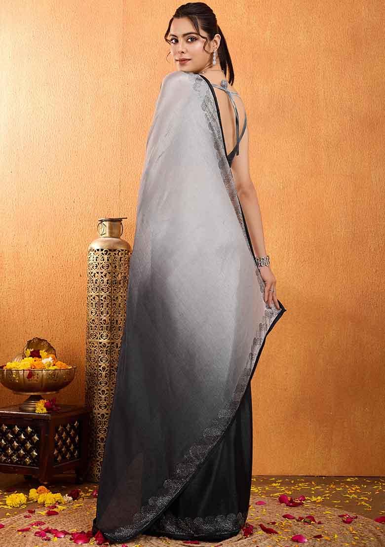Grey Swarovski Zircon Work Chiffon Saree Set