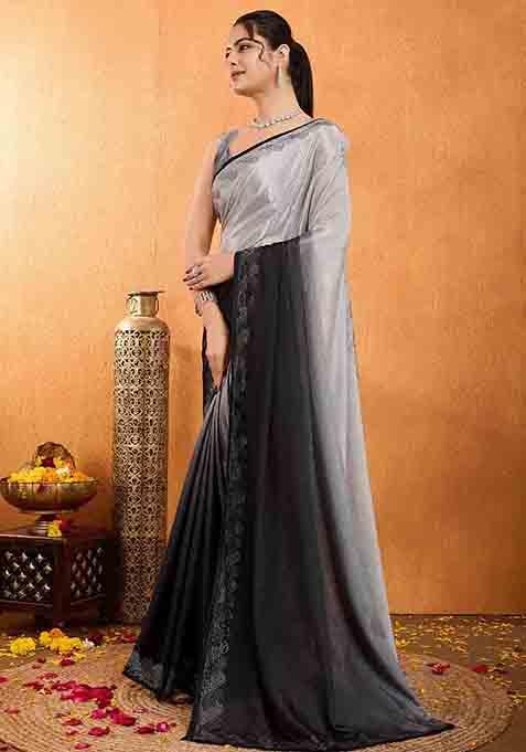 Grey Swarovski Zircon Work Chiffon Saree Set