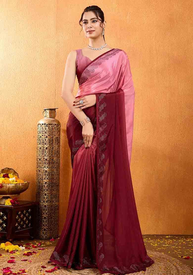 Maroon Swarovski Zircon Work Chiffon Saree Set