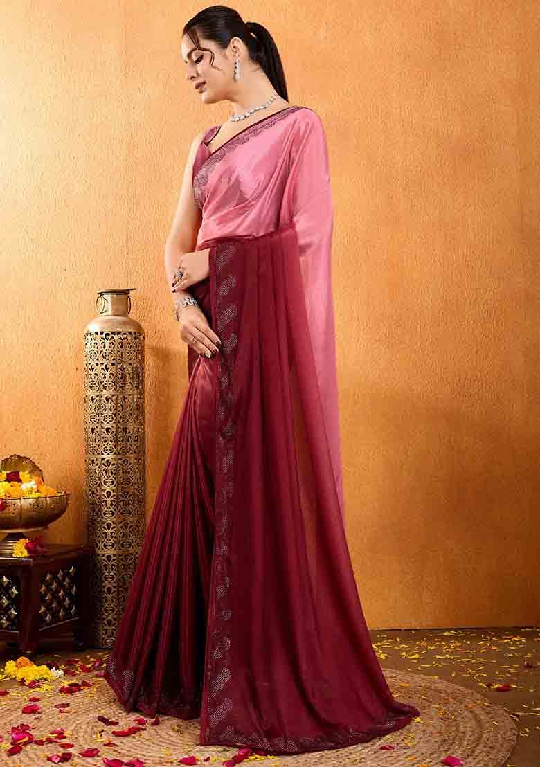 Maroon Swarovski Zircon Work Chiffon Saree Set