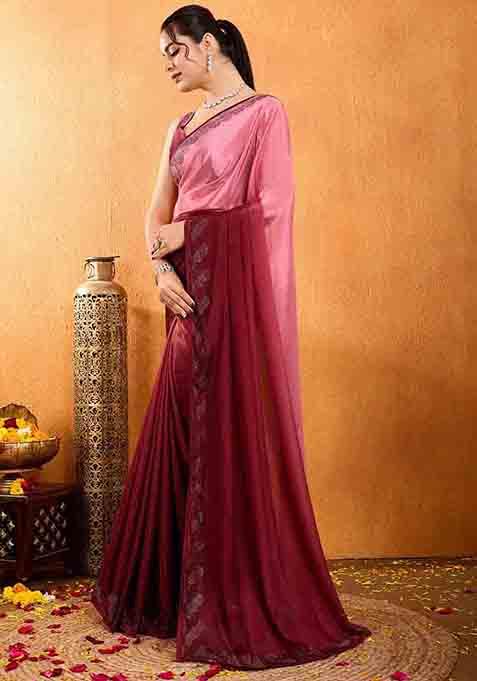Maroon Swarovski Zircon Work Chiffon Saree Set