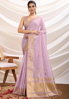 Lavender Khatli Handwork Tissue Linen Saree Set