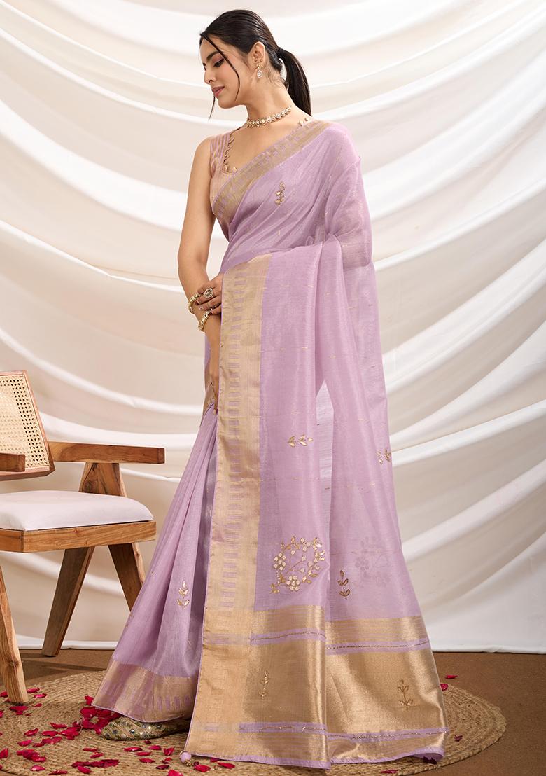Lavender Khatli Handwork Tissue Linen Saree Set