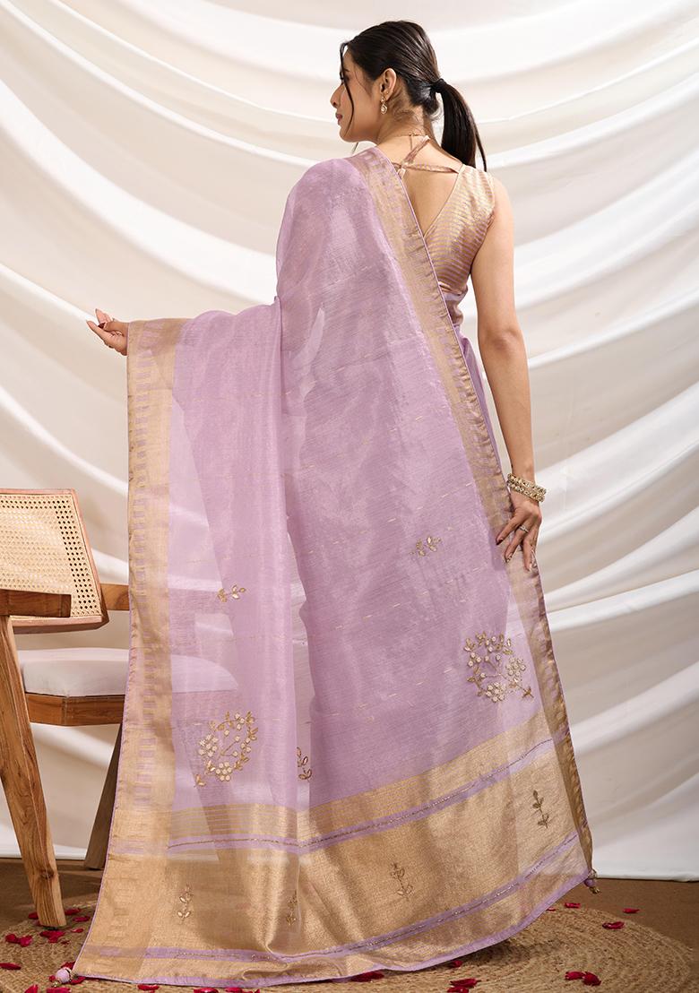 Lavender Khatli Handwork Tissue Linen Saree Set