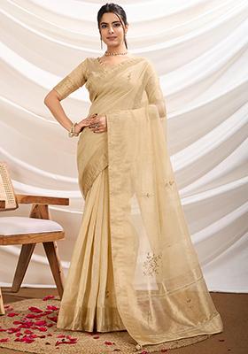 Beige Khatli Handwork Tissue Linen Saree Set