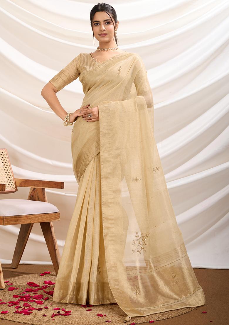 Beige Khatli Handwork Tissue Linen Saree Set