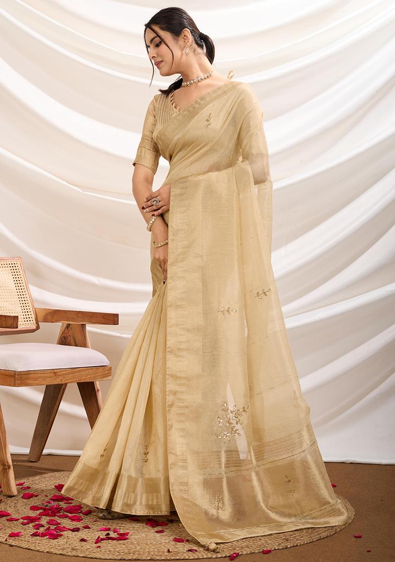 Beige Khatli Handwork Tissue Linen Saree Set