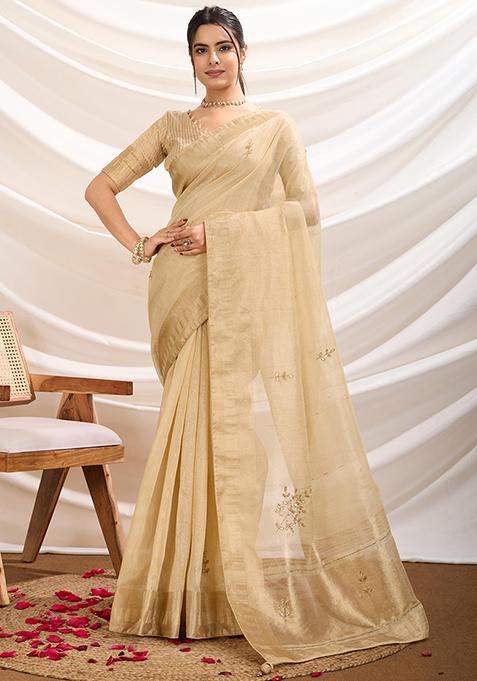 Beige Khatli Handwork Tissue Linen Saree Set