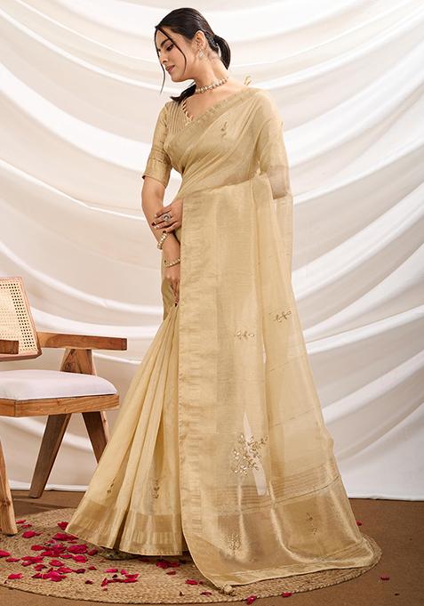 Beige Khatli Handwork Tissue Linen Saree Set