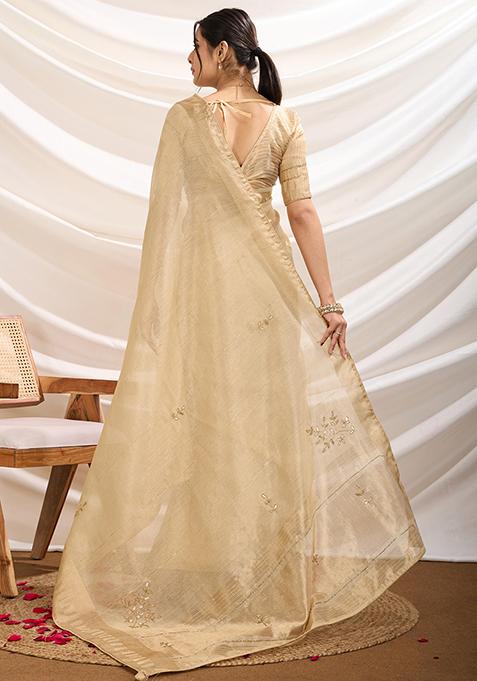 Beige Khatli Handwork Tissue Linen Saree Set