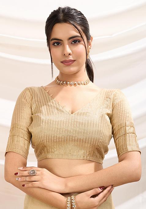 Beige Khatli Handwork Tissue Linen Saree Set