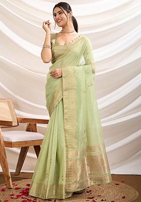 Mint Green Khatli Handwork Tissue Linen Saree Set