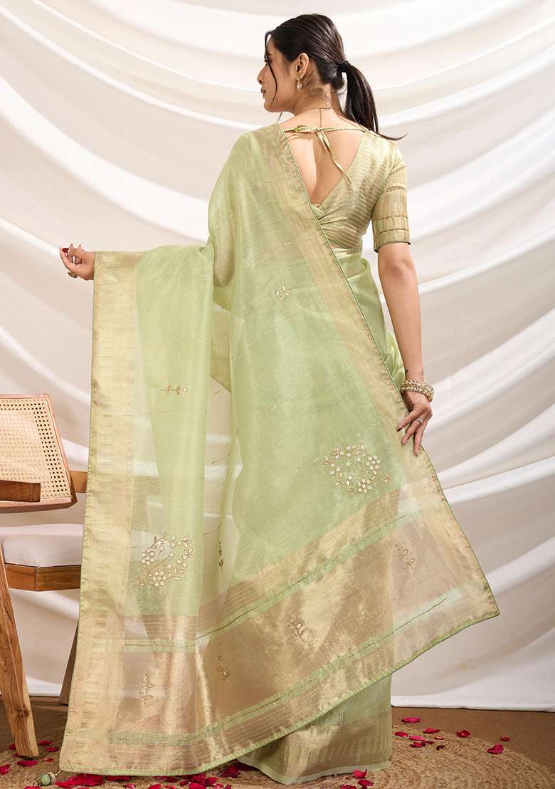 Mint Green Khatli Handwork Tissue Linen Saree Set - Indya