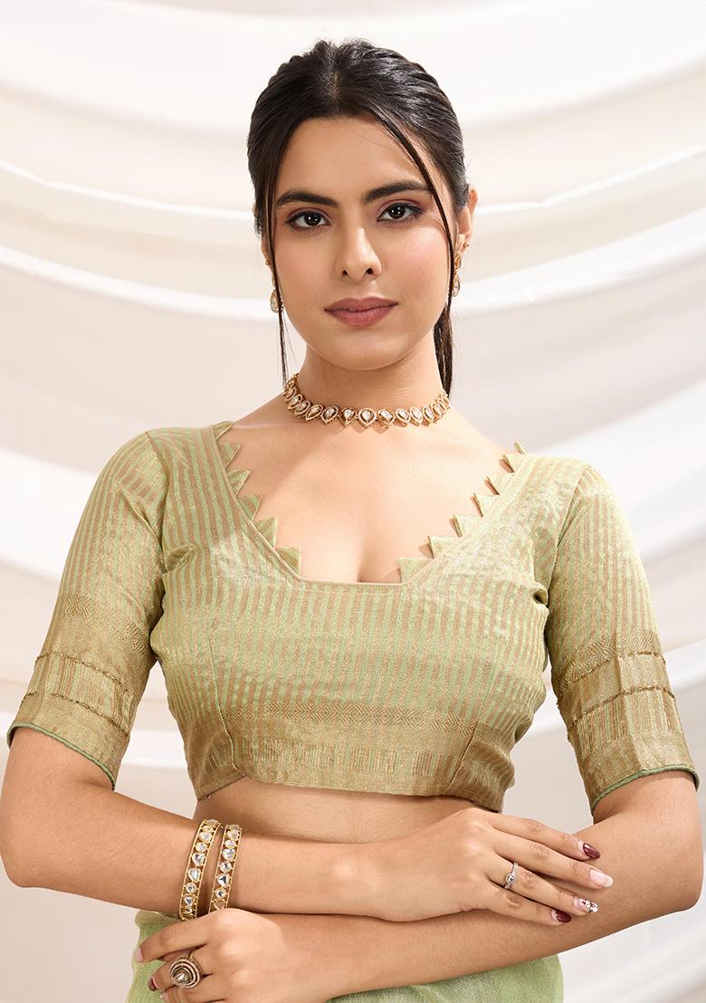 Mint Green Khatli Handwork Tissue Linen Saree Set