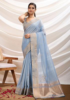 Sky Blue Khatli Handwork Tissue Linen Saree Set
