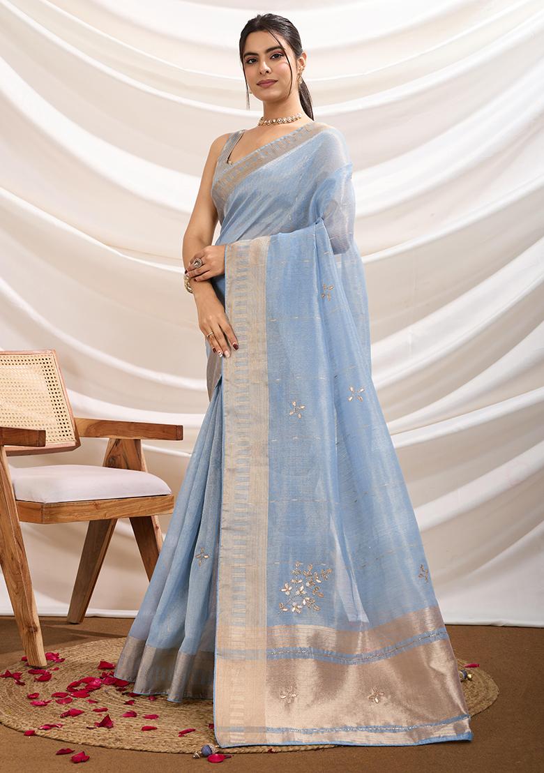 Sky Blue Khatli Handwork Tissue Linen Saree Set