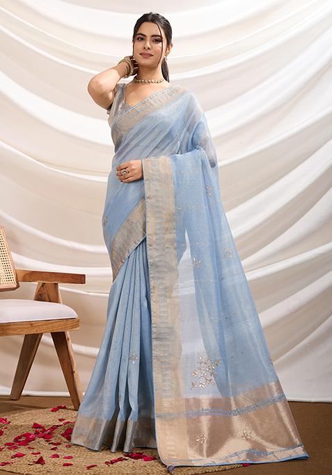 Sky Blue Khatli Handwork Tissue Linen Saree Set
