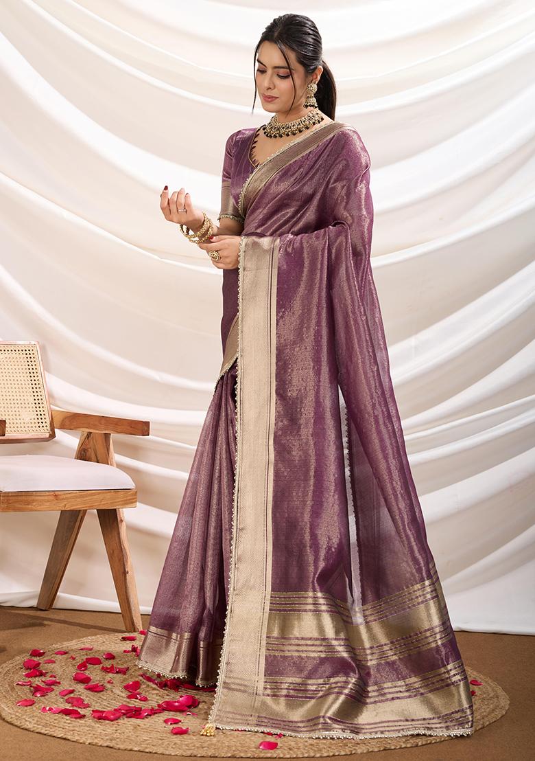 Mauve Khatli Handwork Tissue Linen Saree Set