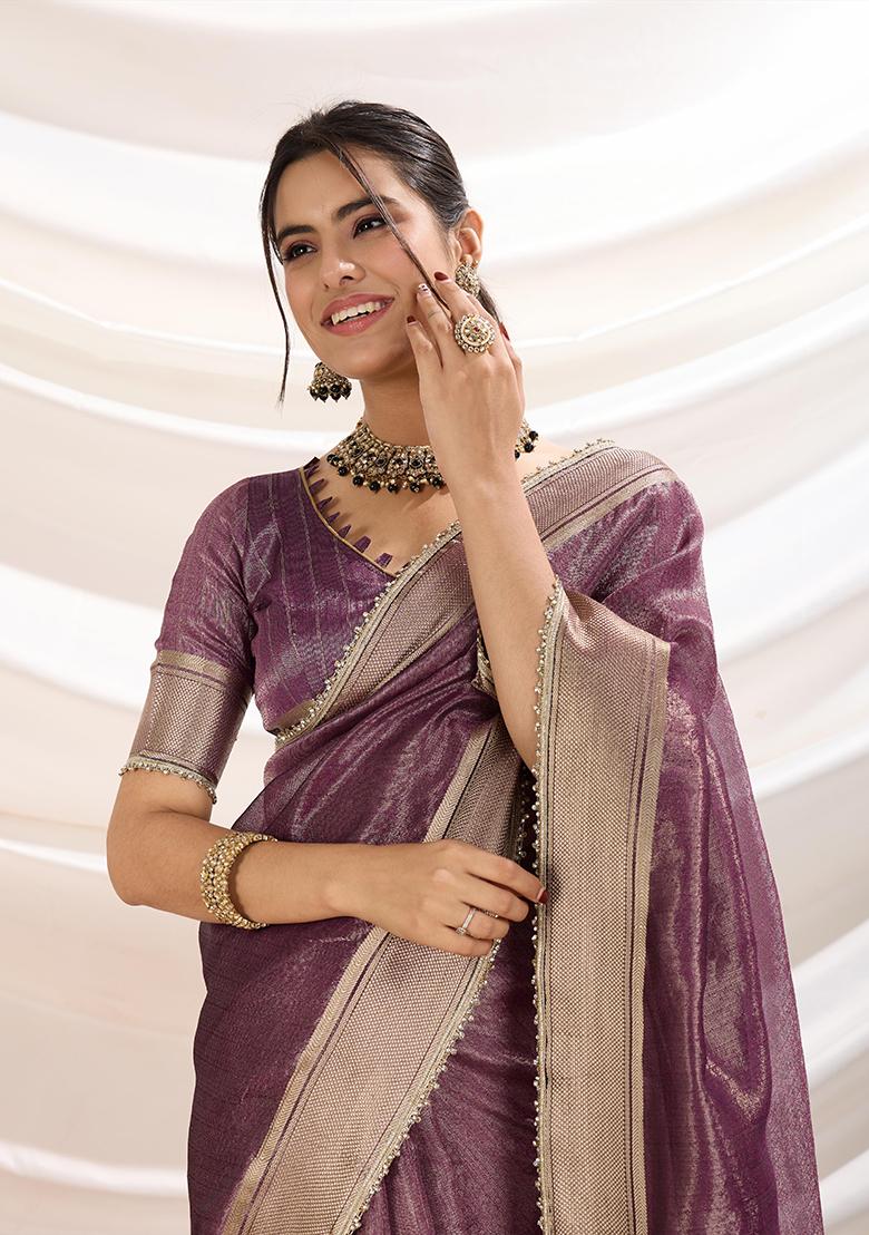 Mauve Khatli Handwork Tissue Linen Saree Set