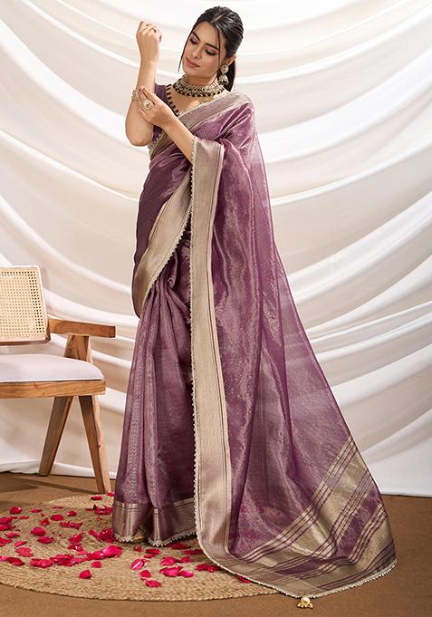 Mauve Khatli Handwork Tissue Linen Saree Set