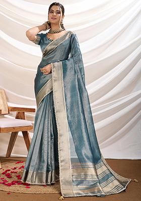 Teal Blue  Khatli Handwork Tissue Linen Saree Set