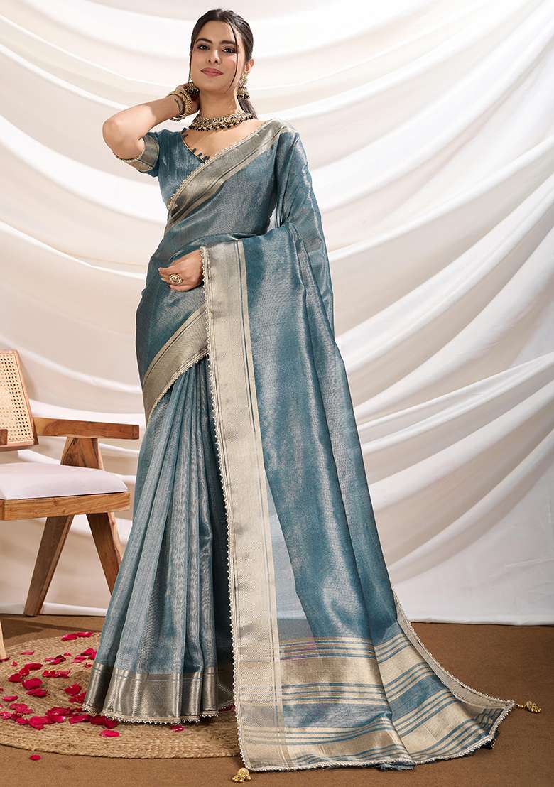 Teal Blue  Khatli Handwork Tissue Linen Saree Set - Indya