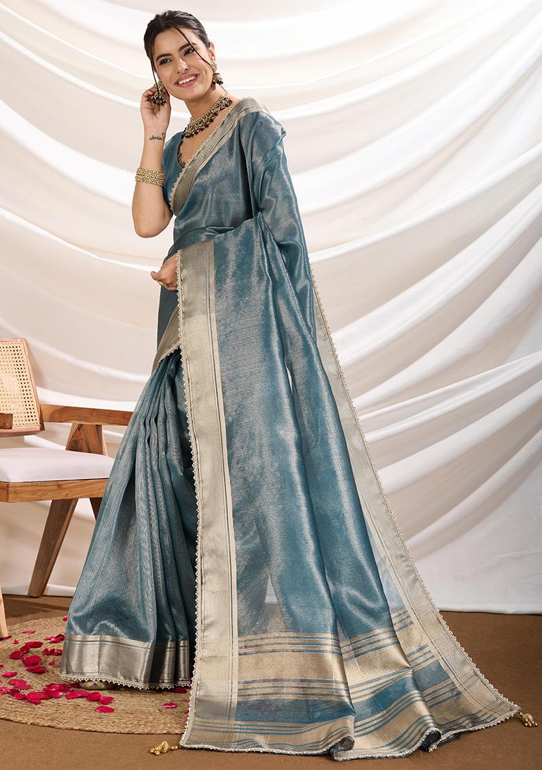 Teal Blue  Khatli Handwork Tissue Linen Saree Set