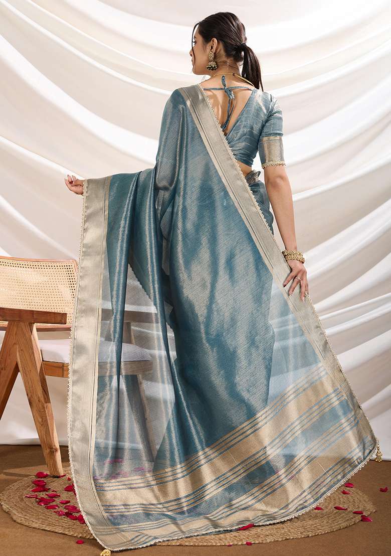 Teal Blue  Khatli Handwork Tissue Linen Saree Set - Indya