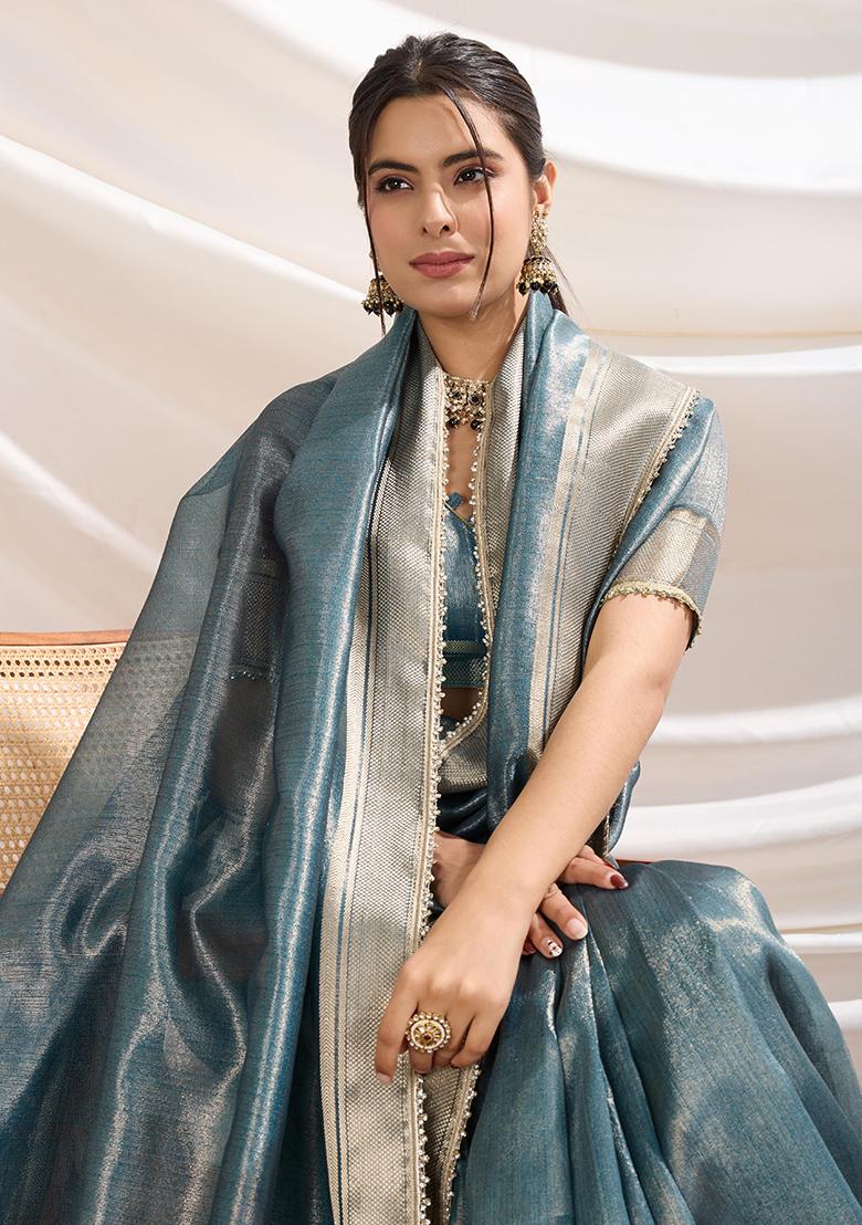 Teal Blue  Khatli Handwork Tissue Linen Saree Set