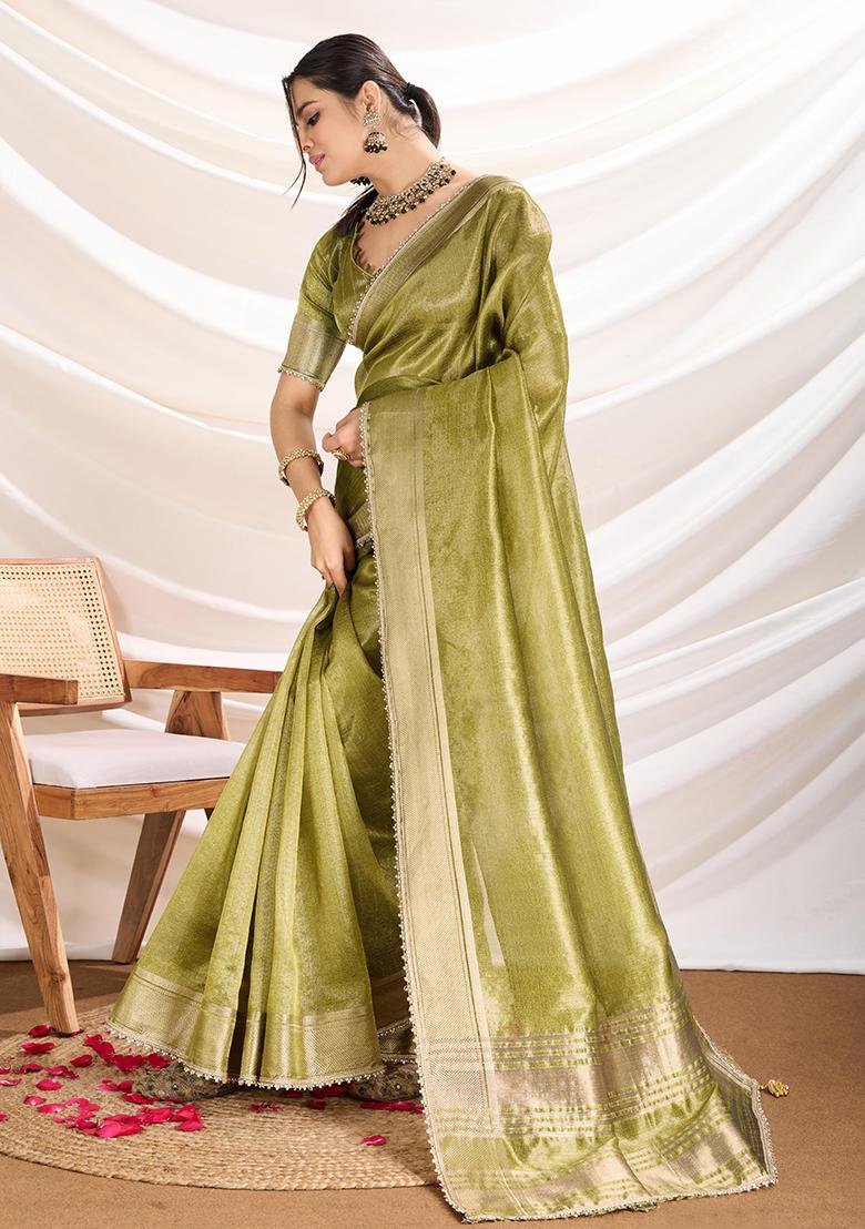Mehendi Green Khatli Handwork Tissue Linen Saree Set