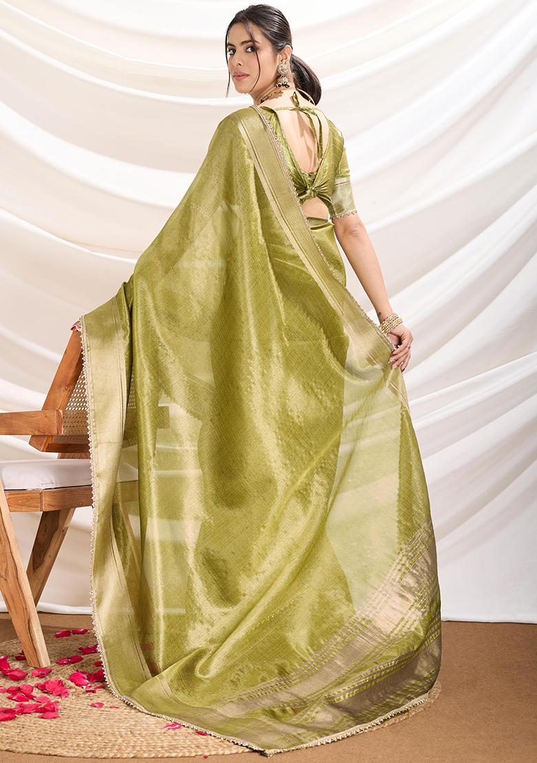 Mehendi Green Khatli Handwork Tissue Linen Saree Set