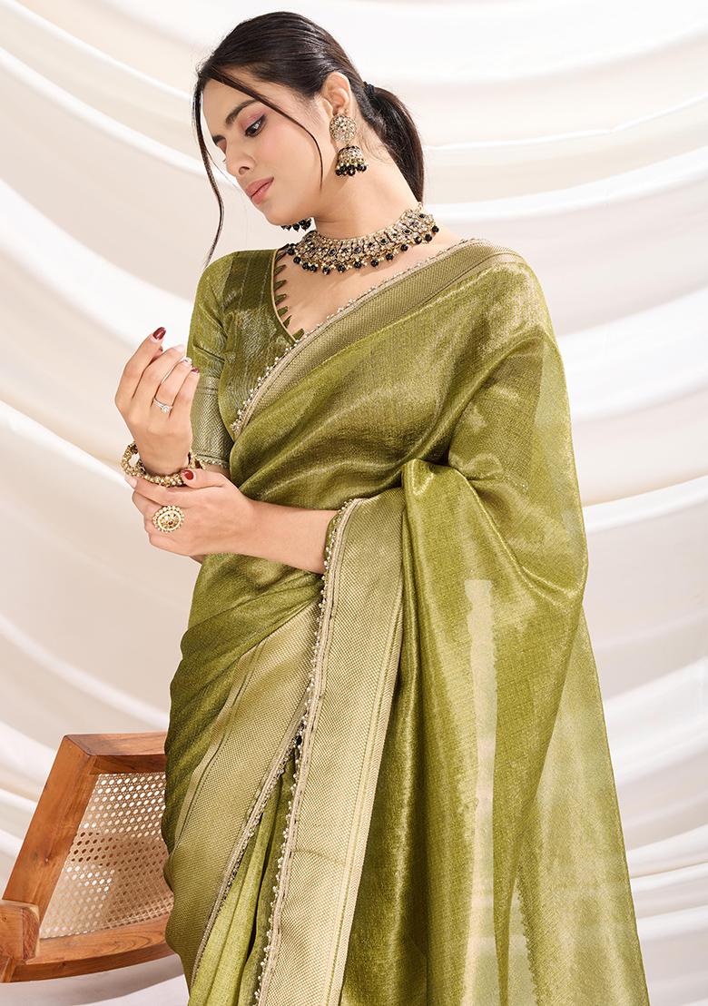 Mehendi Green Khatli Handwork Tissue Linen Saree Set