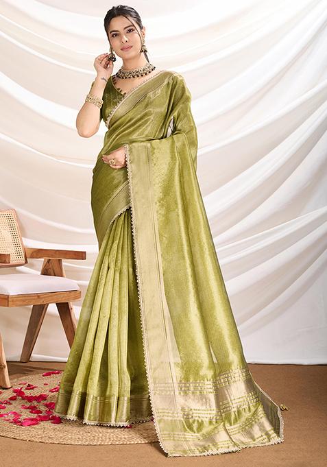  Mehendi Green Khatli Handwork Tissue Linen Saree Set