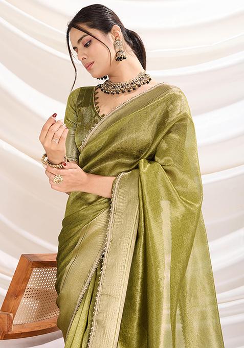 Mehendi Green Khatli Handwork Tissue Linen Saree Set
