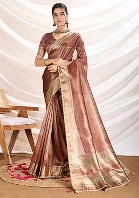 Brown Khatli Handwork Tissue Linen Saree Set