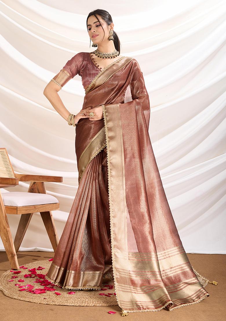 Brown Khatli Handwork Tissue Linen Saree Set