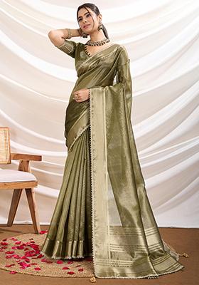 Olive Khatli Handwork Tissue Linen Saree Set
