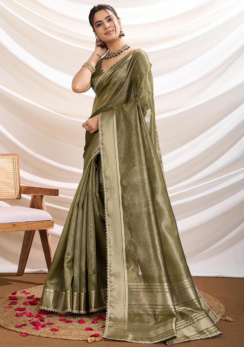 Olive Khatli Handwork Tissue Linen Saree Set