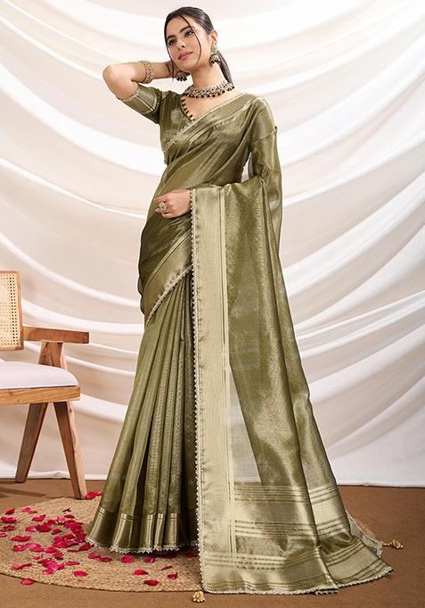 Olive Khatli Handwork Tissue Linen Saree Set